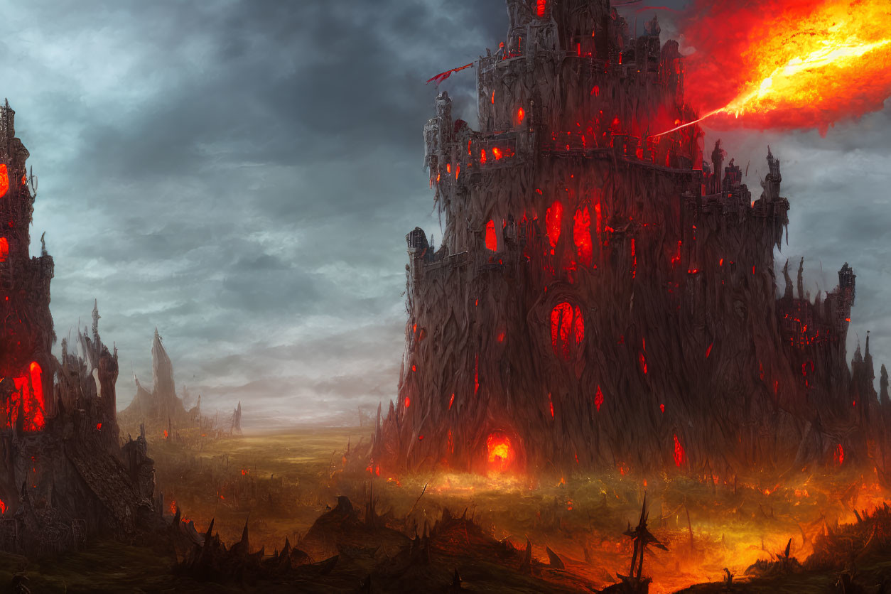 Gothic castle in fiery landscape under menacing comet