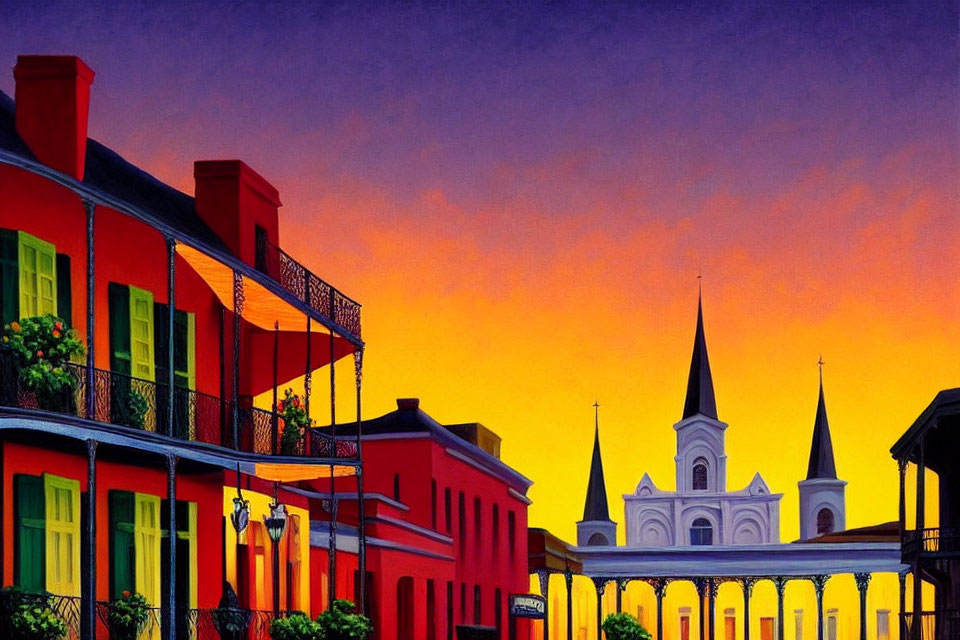 Vibrant sunset over New Orleans' French Quarter with historic buildings and cathedral spires