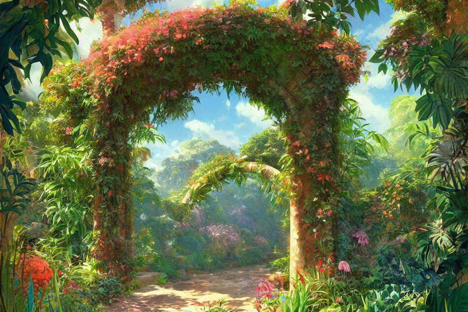 Lush garden arch with vibrant flowers in serene forest