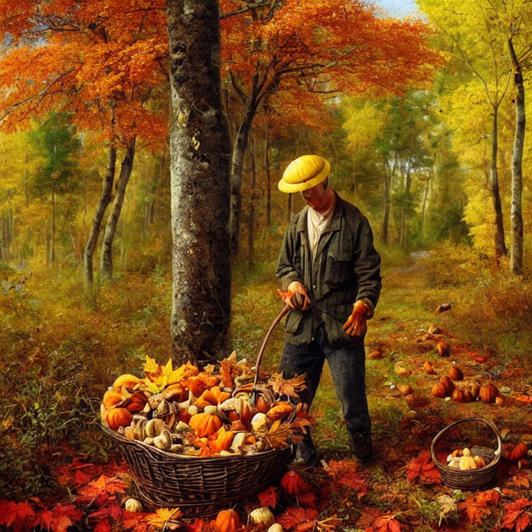 Person collecting pumpkins in autumn forest with vibrant foliage