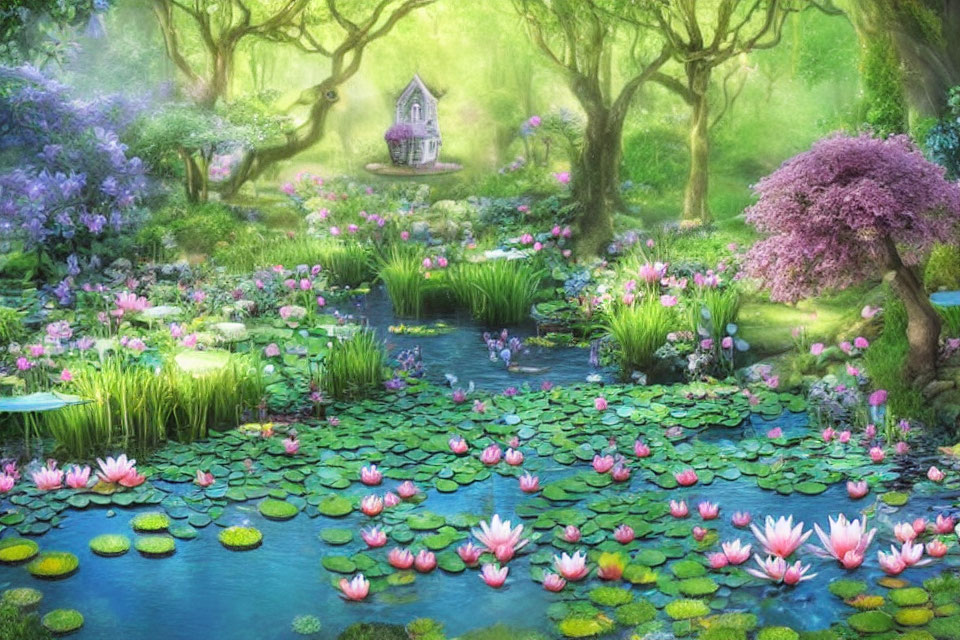 Tranquil garden scene with water lilies, vibrant flowers, trees, and cottage