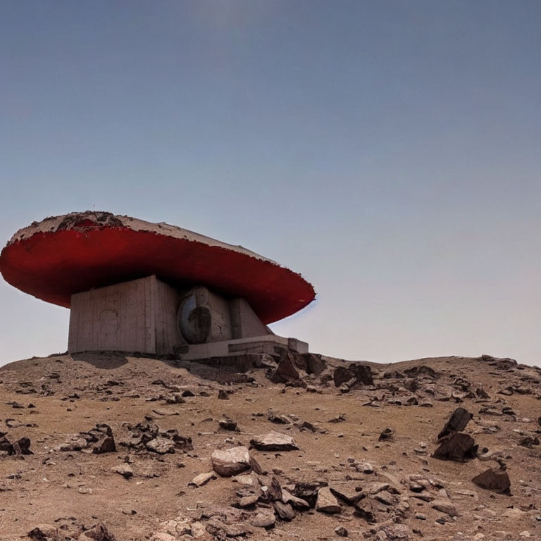 Futuristic solitary structure with red disc roof in barren rocky landscape