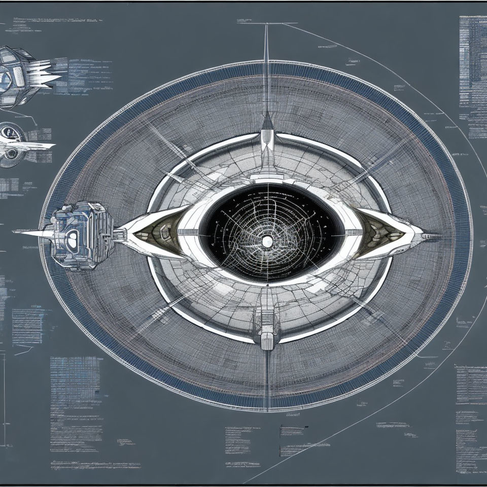 Detailed Blueprint of Conceptual Spacecraft with Annotations and Internal Structures on Dark Blue Background