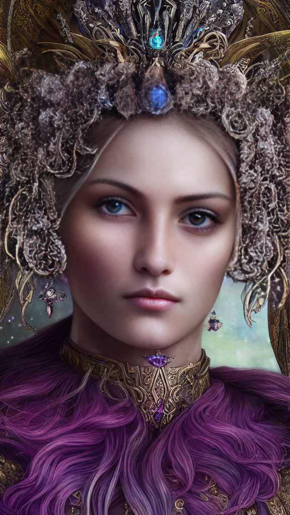 Violet-haired woman with golden headpiece and collar exudes regal aura