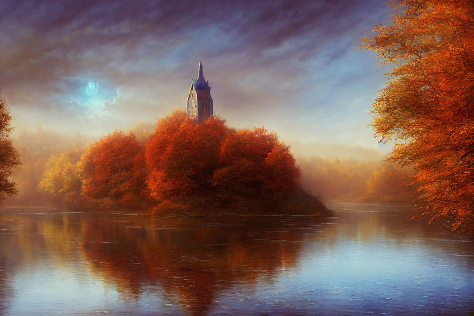 Misty river and fall trees with old church spire in autumn scene