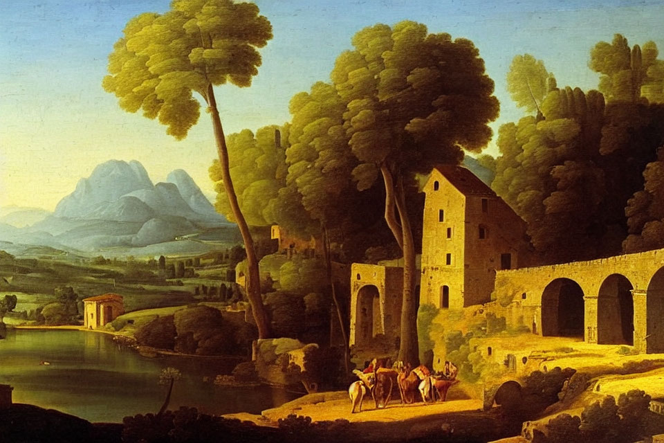 Idyllic classical landscape with trees, lake, mountains, bridge, building, and figures.