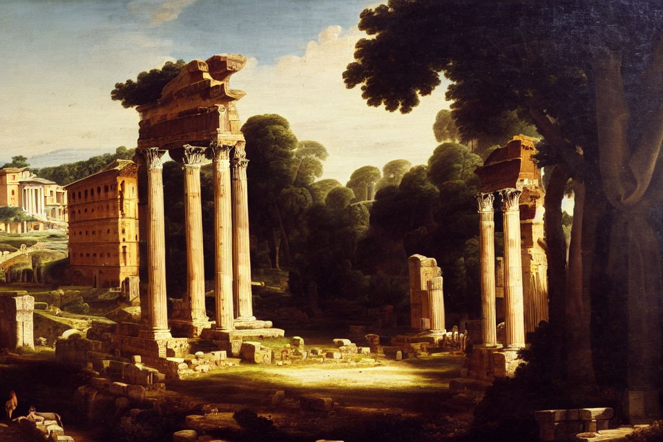 Ancient Roman ruins painting with towering columns and trees under clear sky