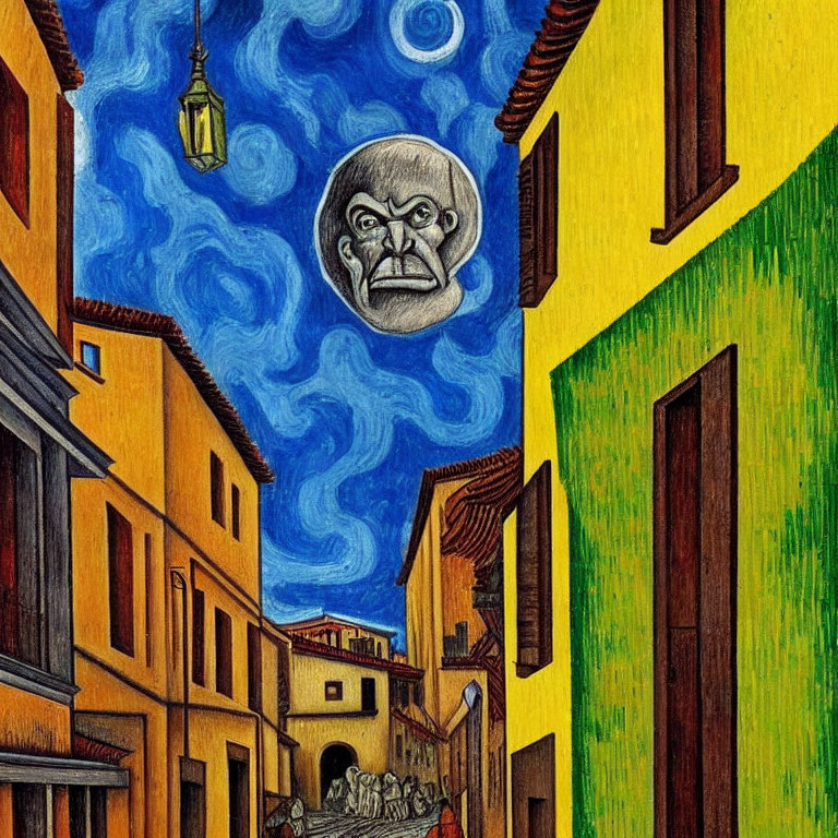 Vibrant alley scene with surreal moon face illustration