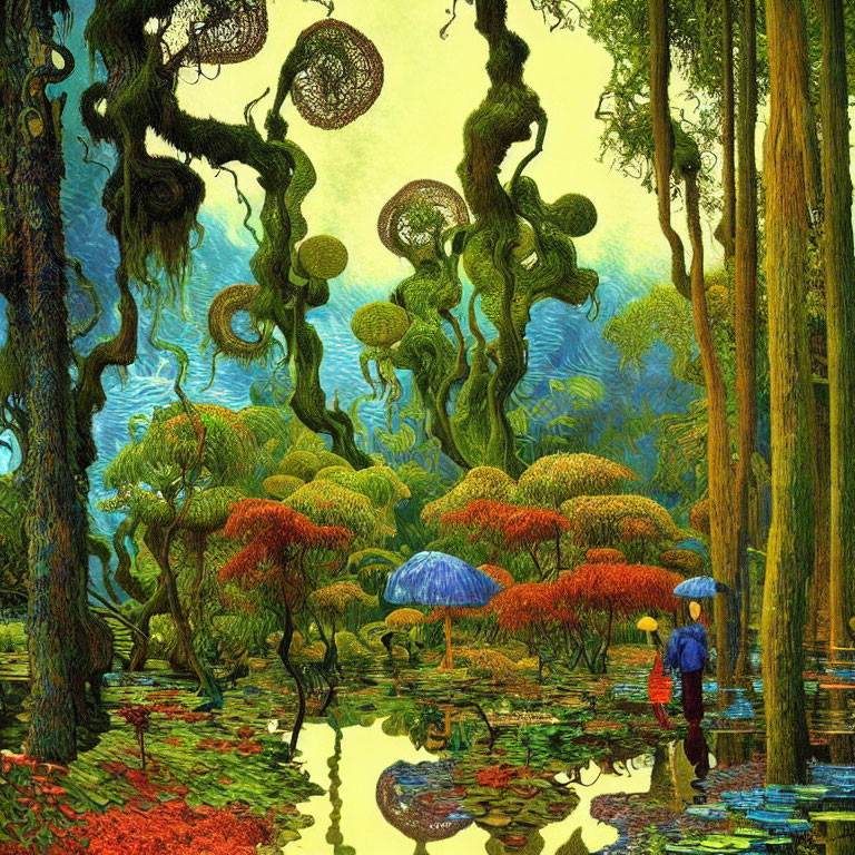 Blue umbrella person in surreal forest with twisted trees and red foliage