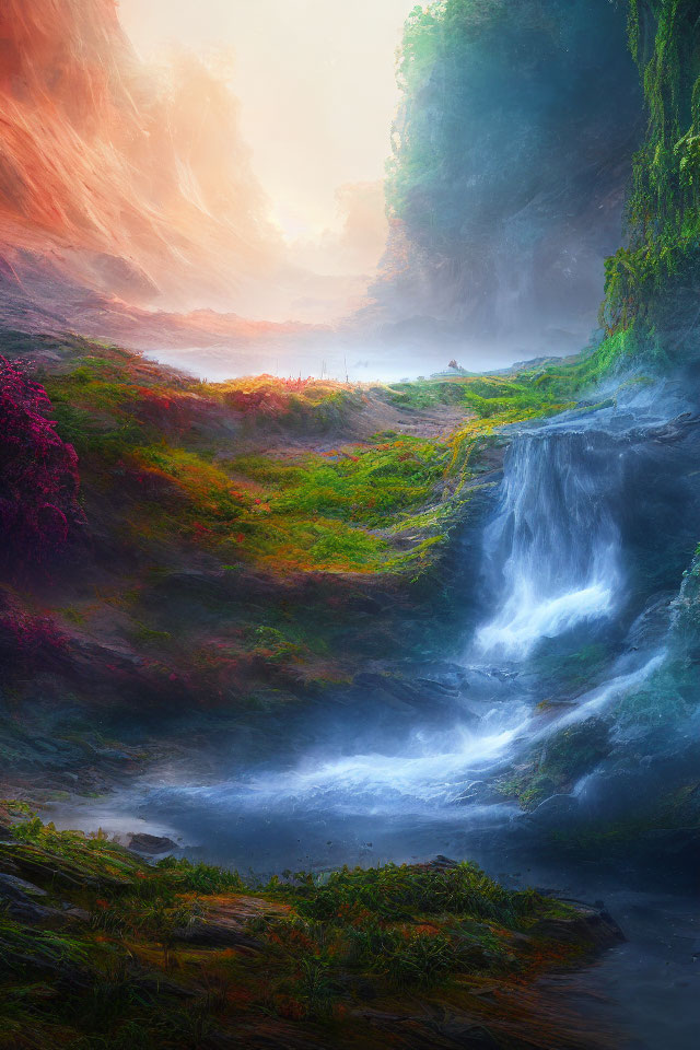 Tranquil waterfall in lush greenery under soft glowing light