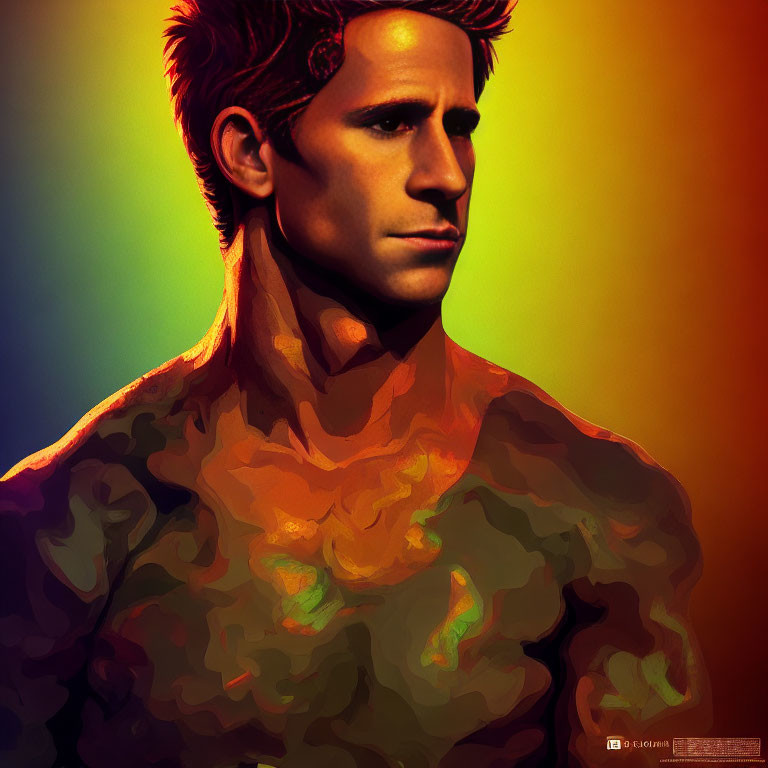 Vibrant multicolored lighting on muscular male digital portrait