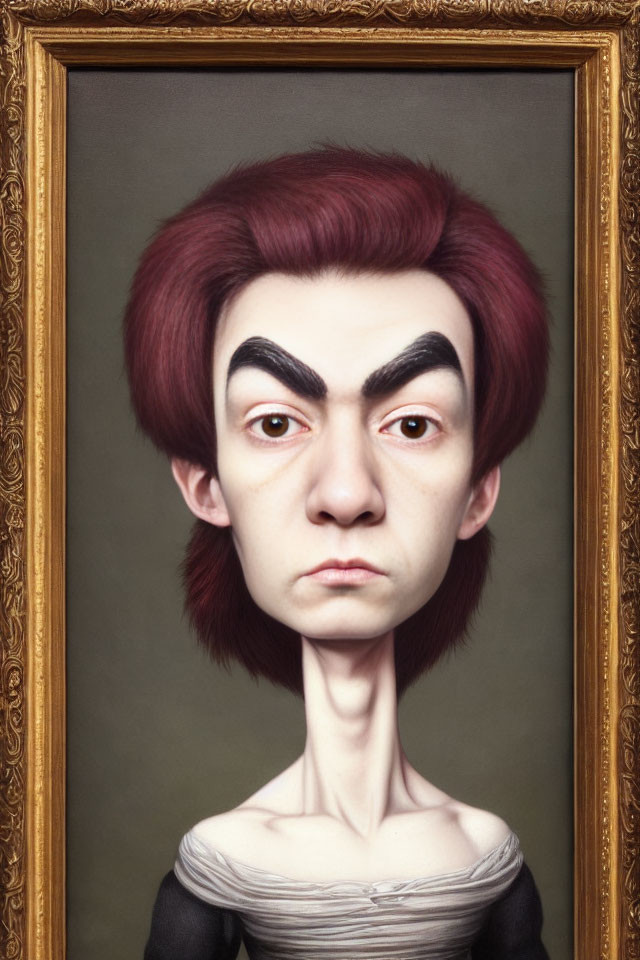 Exaggerated caricature portrait with long neck and red hair