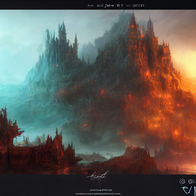 Dark Fantasy Landscape with Fiery Castle on Mountain