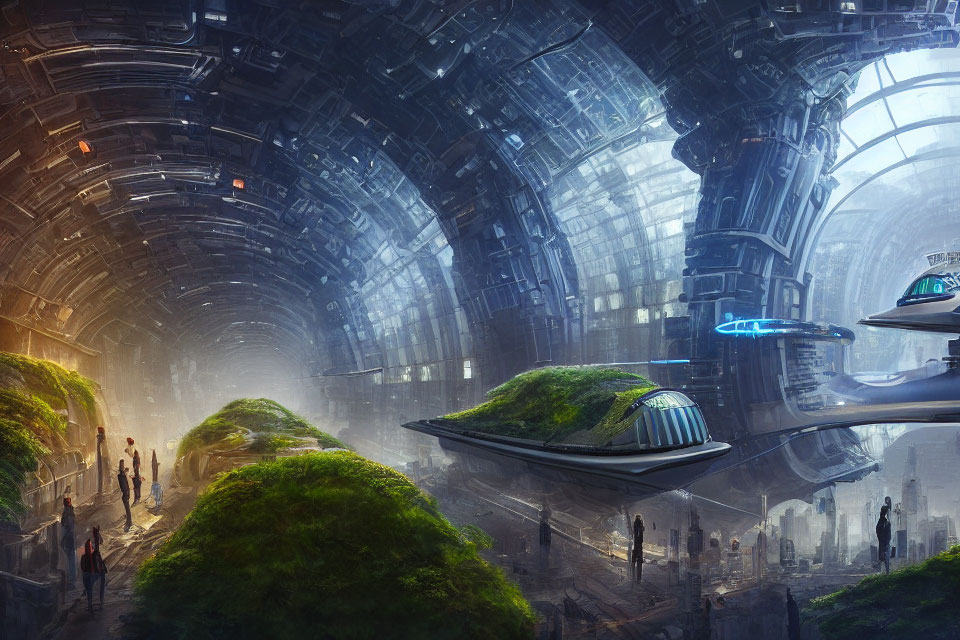 Futuristic space station interior with large windows, greenery, people, and flying vehicles