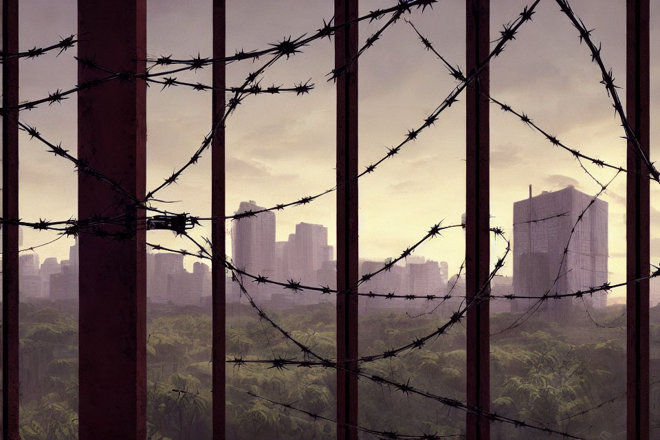 Hazy city skyline behind barbed wire on lush landscape