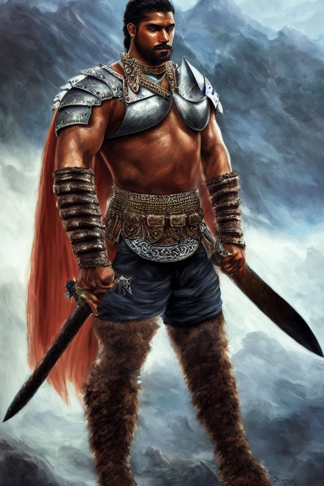 Muscular warrior in ornate armor with two swords against misty mountainous backdrop