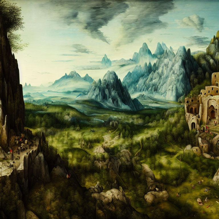 Renaissance landscape painting: valley, castle, figures, mountains, lush greenery, moody