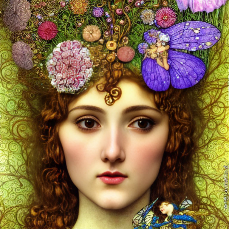 Detailed Artwork: Woman with Floral Crown and Fairies, Vibrant Colors