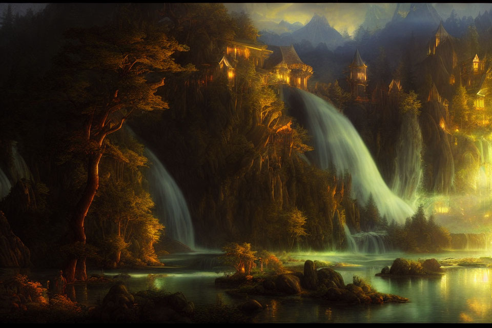 Mystical dusk landscape with waterfalls, treehouses, rivers, and mountains