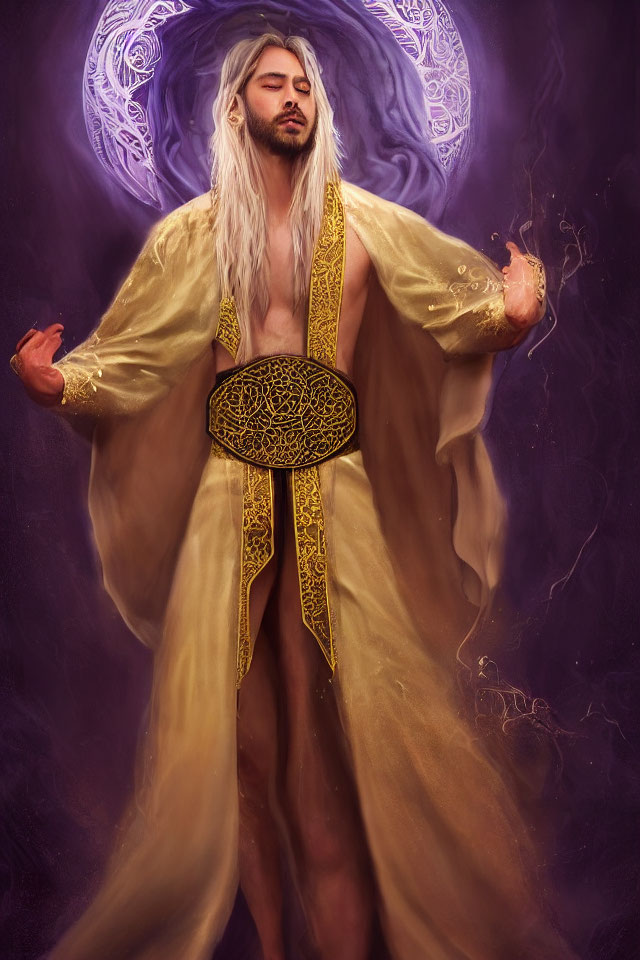 Mystical figure in golden robe surrounded by purple smoke and glowing symbol