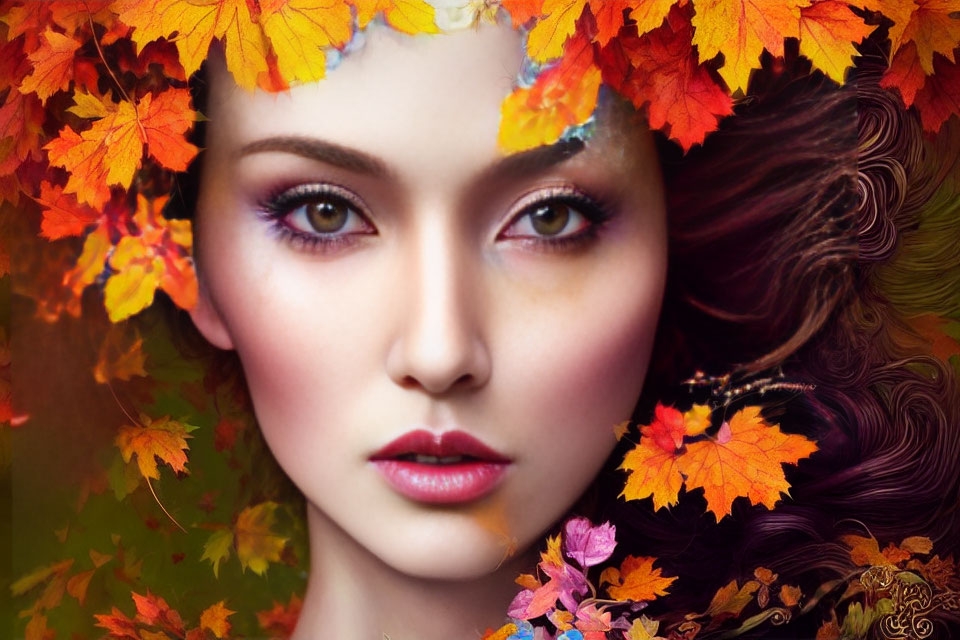 Portrait of a woman with autumn leaves, striking eyes, rosy cheeks, and fall-inspired aesthetic