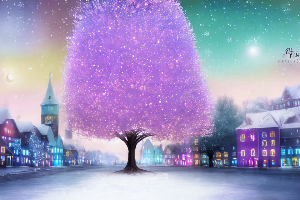 Colorful illustration of magical tree in snowy town square at dusk