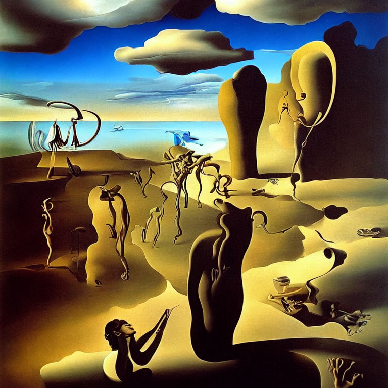 Surrealistic landscape: distorted human figures, desert dunes, elongated shadows, cloud-filled