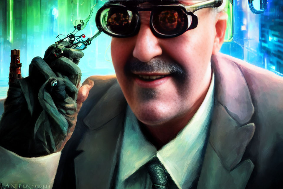 Steampunk gentleman with goggles, mustache, suit, mechanical arm, futuristic cityscape.