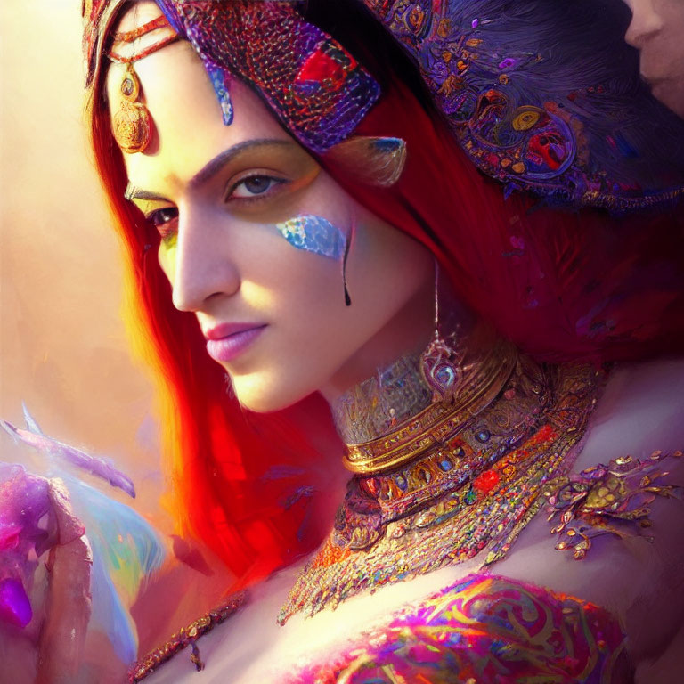 Vivid illustration of woman with red hair, ornate jewelry, and tribal face paint.