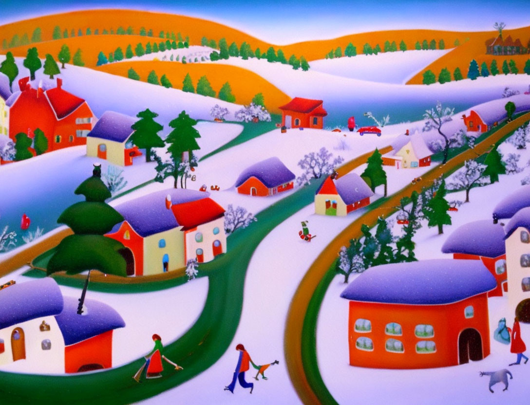 Snow-covered village painting with red-roofed houses and winter activities