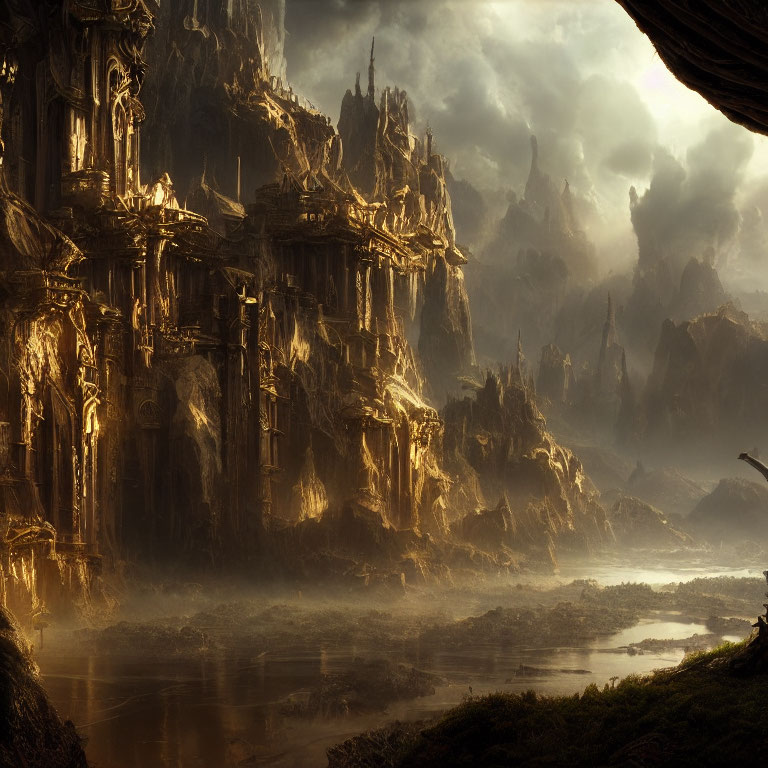 Majestic fantasy landscape with towering rock formations and ancient castle.