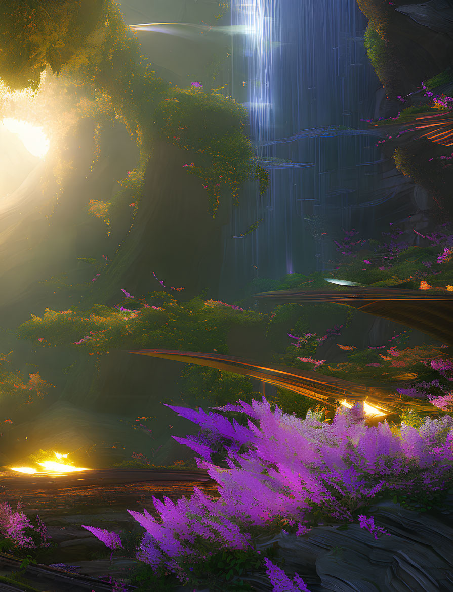 Vibrant purple flora in mystical forest with sunbeams and waterfall.