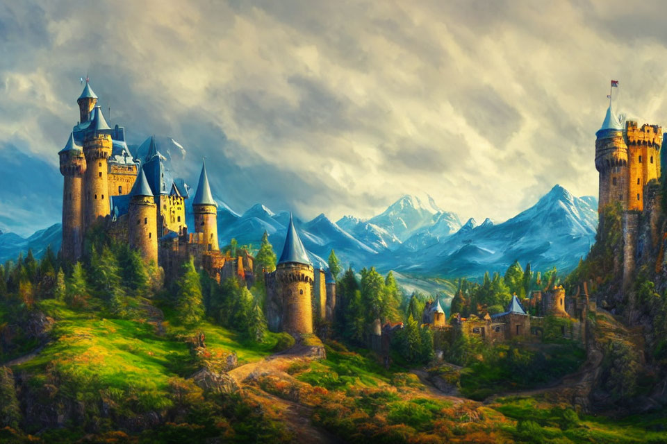 Majestic castles on lush hills with snow-capped mountains under dramatic sky