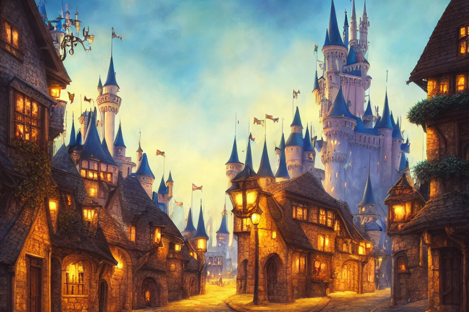 Charming fantasy village scene with cobblestone streets, quaint houses, and grand castle at dusk