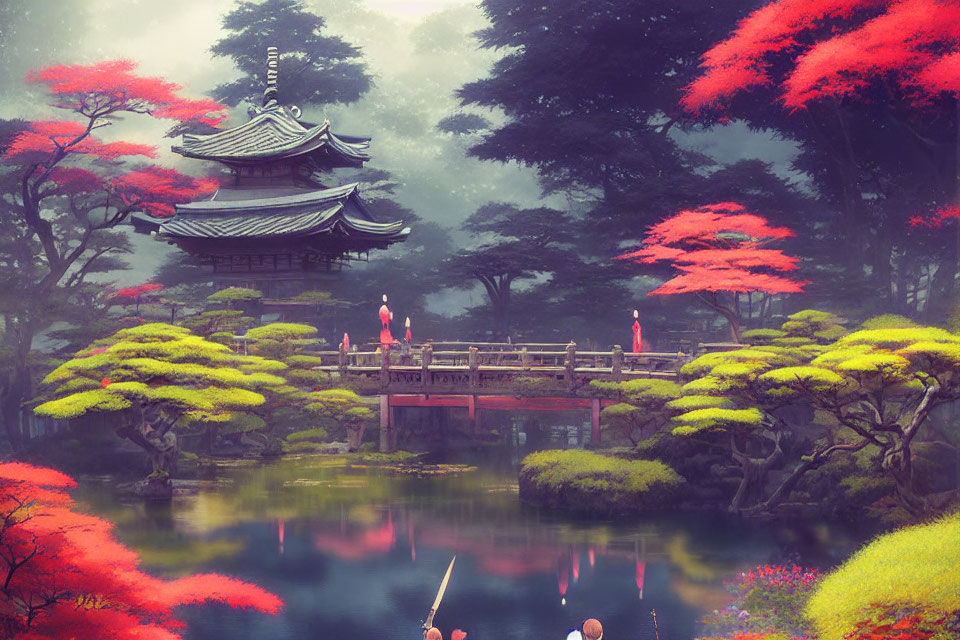 Japanese garden with pagoda, bridge, traditional attire people, red foliage, and pond.