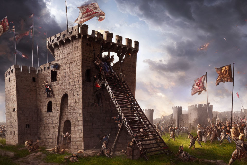 Medieval siege scene with attackers scaling ladders at stone castle walls.