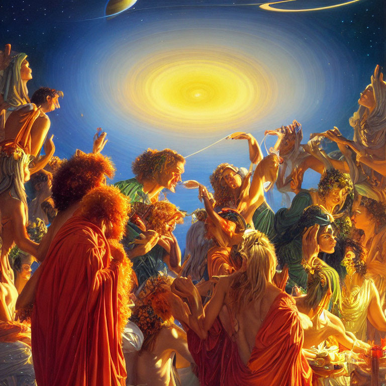 Vibrant painting of ethereal figures in classical attire under celestial sky