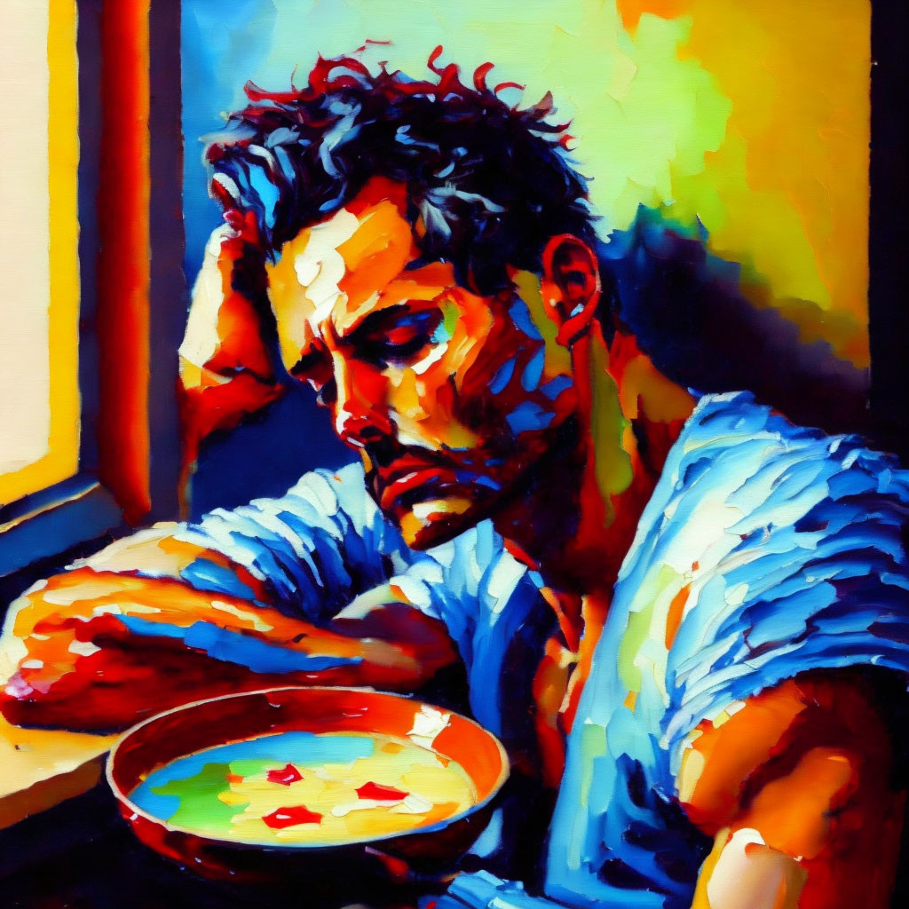 Vibrant painting of man with stubble gazing at bowl