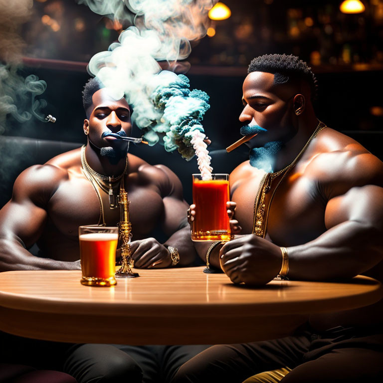 Muscular Men Smoking Hookah in Dimly-Lit Bar