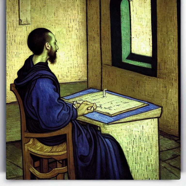 Monk in blue robe writing at wooden desk in green room