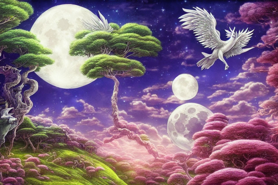 Fantastical landscape with pink clouds, multiple moons, flying creature & whimsical trees