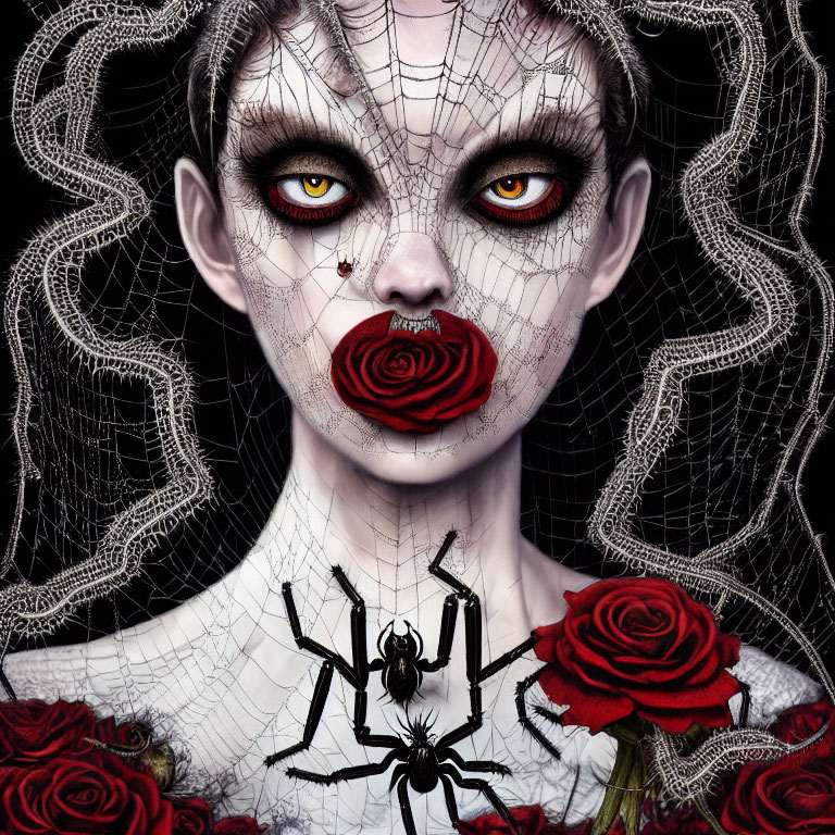 Portrait with spider-web makeup, spider detail, rose motifs, and embellished eyes.