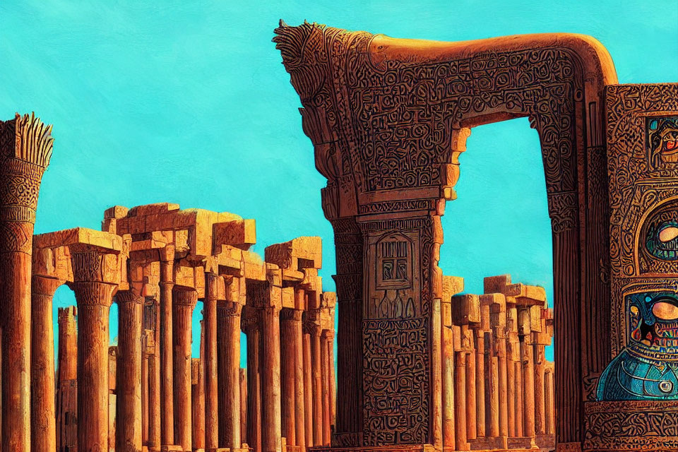 Ancient Egyptian temple ruins with hieroglyphic-carved columns under a clear blue sky