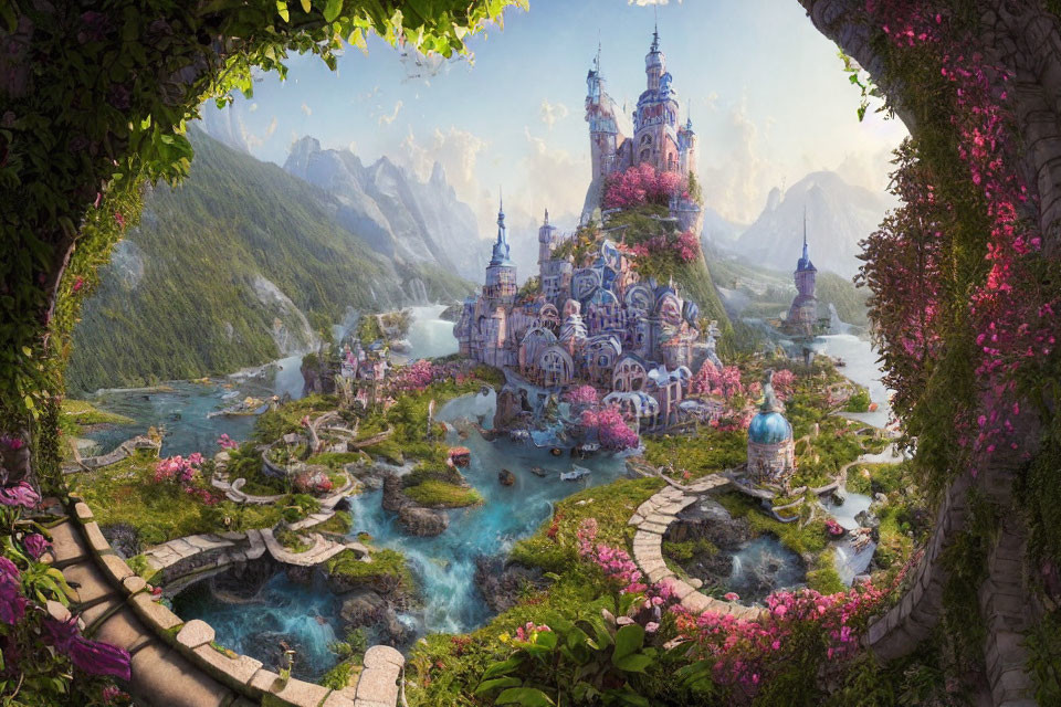 Majestic pink castle in vibrant fantasy landscape