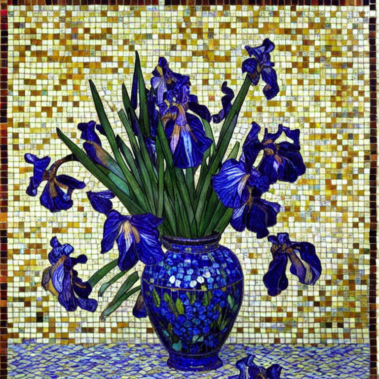 Blue Iris Vase Mosaic on Golden Tiles