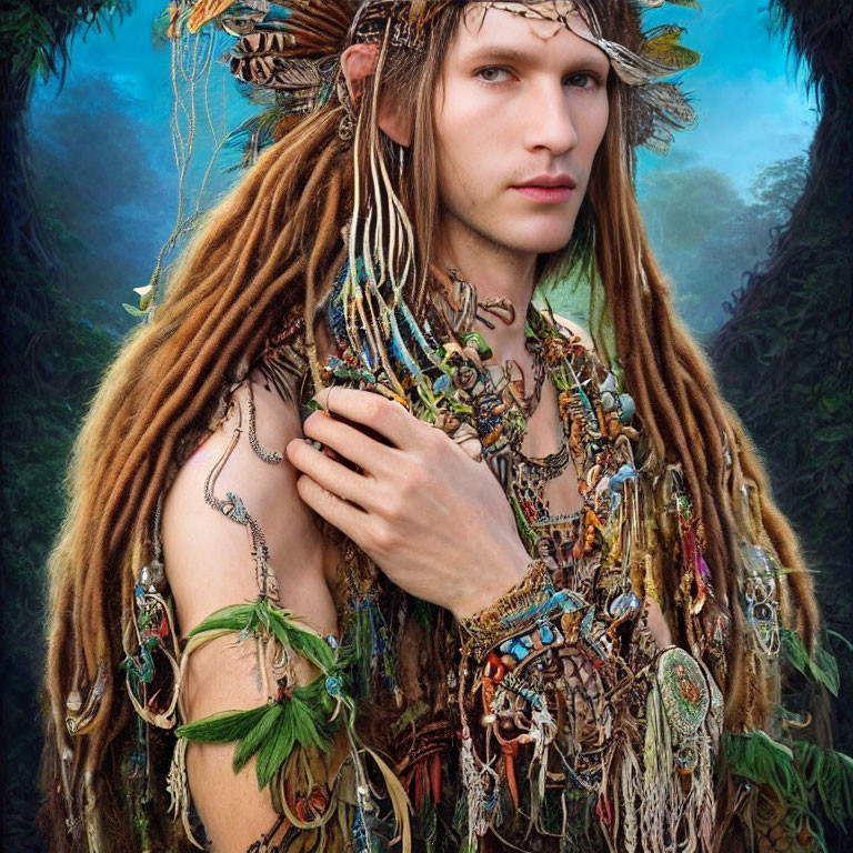 Person with dreadlocks and ornate jewelry in mystical forest.