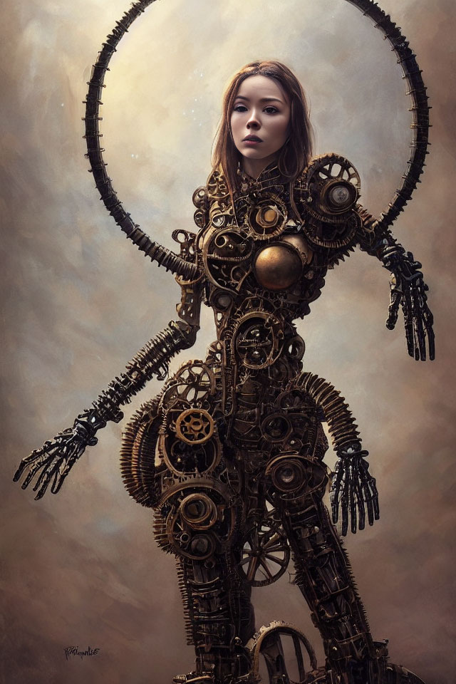 Steampunk-inspired female robot with intricate gear mechanisms and halo-like gear above head, blending Victorian and