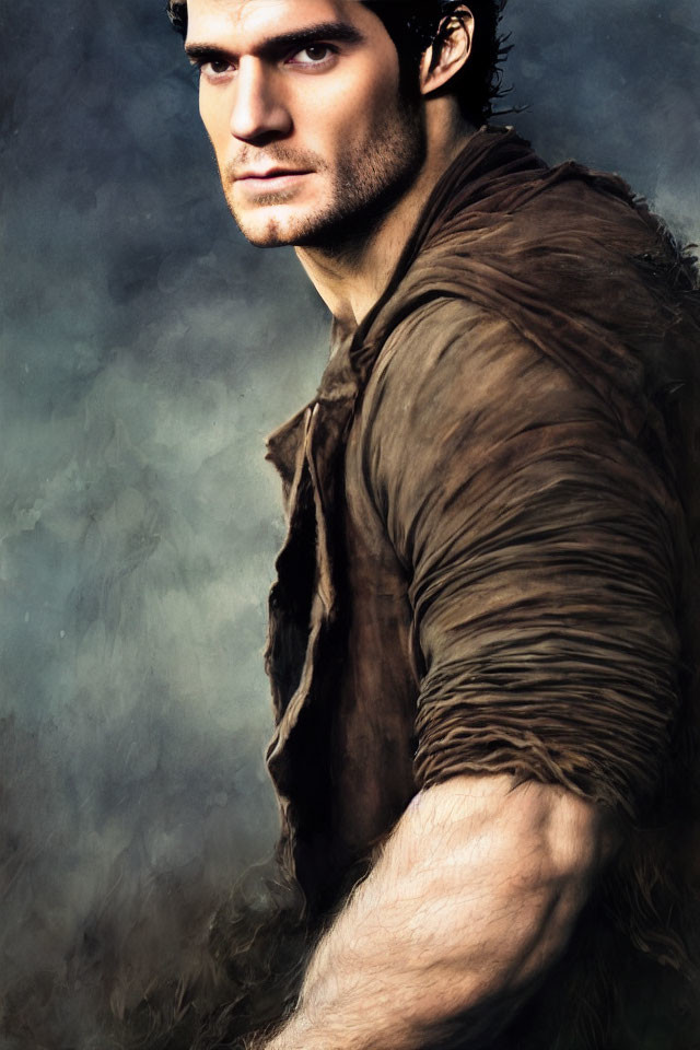 Dark-haired man with stubble in distressed shirt against smoky background