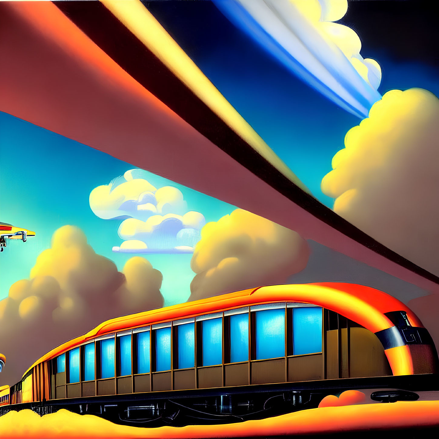 Colorful Futuristic Train Painting Under Dramatic Sky