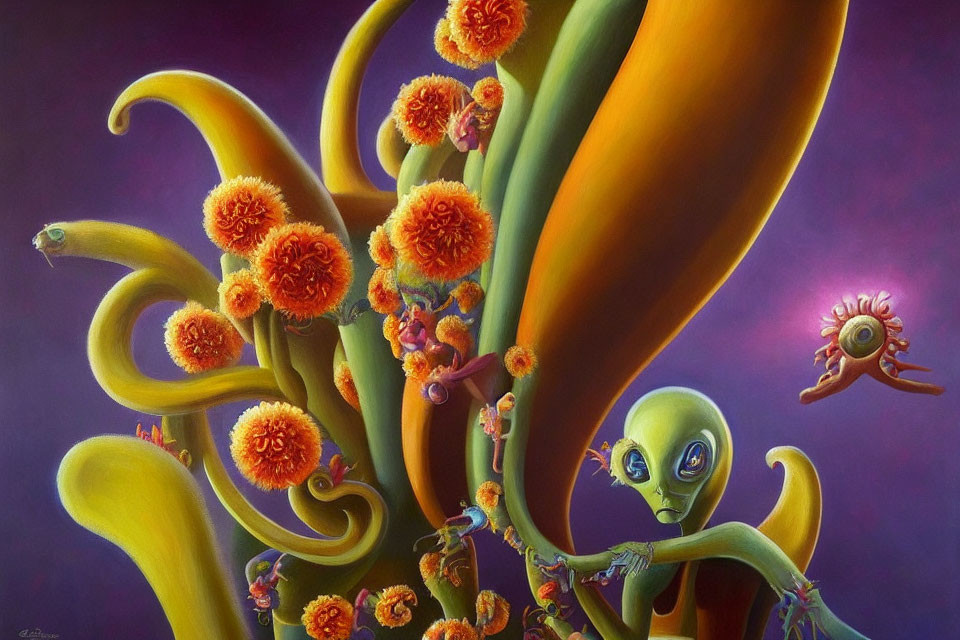 Alien-themed surreal painting with twisted plant-like forms and creatures in purple background